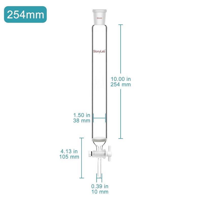 stonylab Chromatography Column, 1.5 inch Inner Diameter, 10 inch Effective Length, G2 Sintered Disc, 24/40 Ground Joint, High Borosilicate Glass for Laboratory Use - Image 2